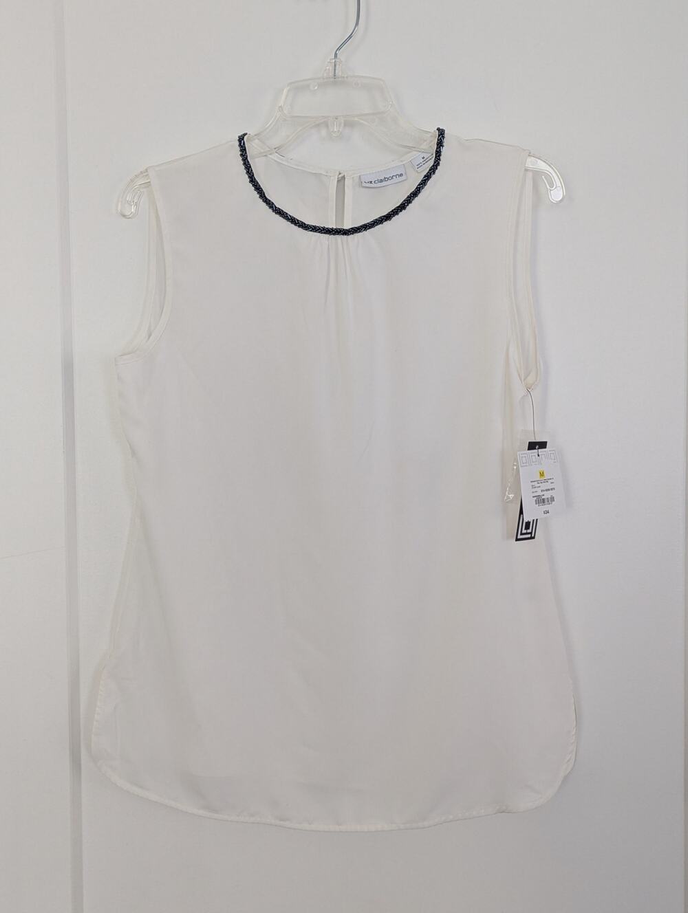 Liz Claiborne Top M White Beaded Neckline Sleeveless Blouse Shell Career